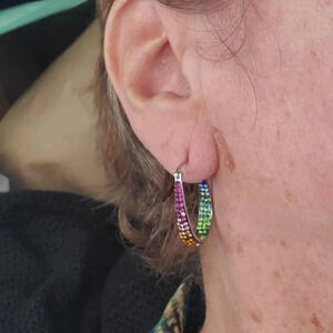 Women Round Crystal  Silver Plated Inside Out Oval Shape Hoop Earrings